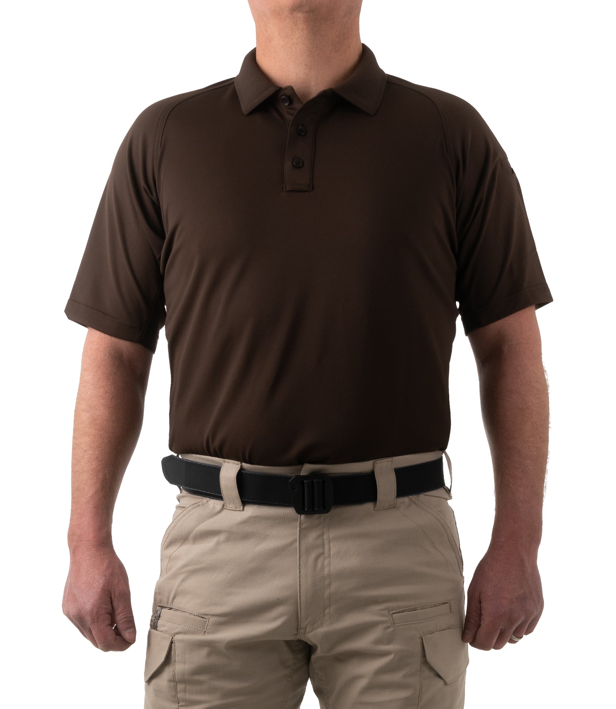 Front of Men's Performance Short Sleeve Polo in Kodiak Brown