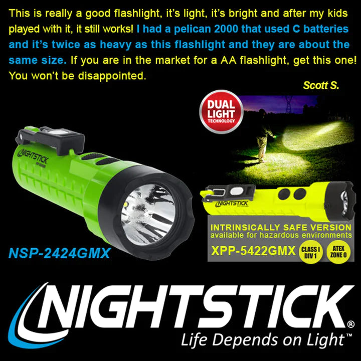 Nightstick - Dual-Light Flashlight w/Dual Magnets - 3 AA (not included) - Green